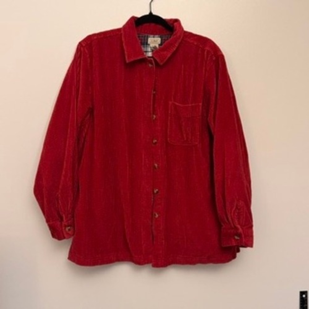 LL Bean Red Corduroy Vintage Flannel Lined Shirt Jacket Womens Large Button Up